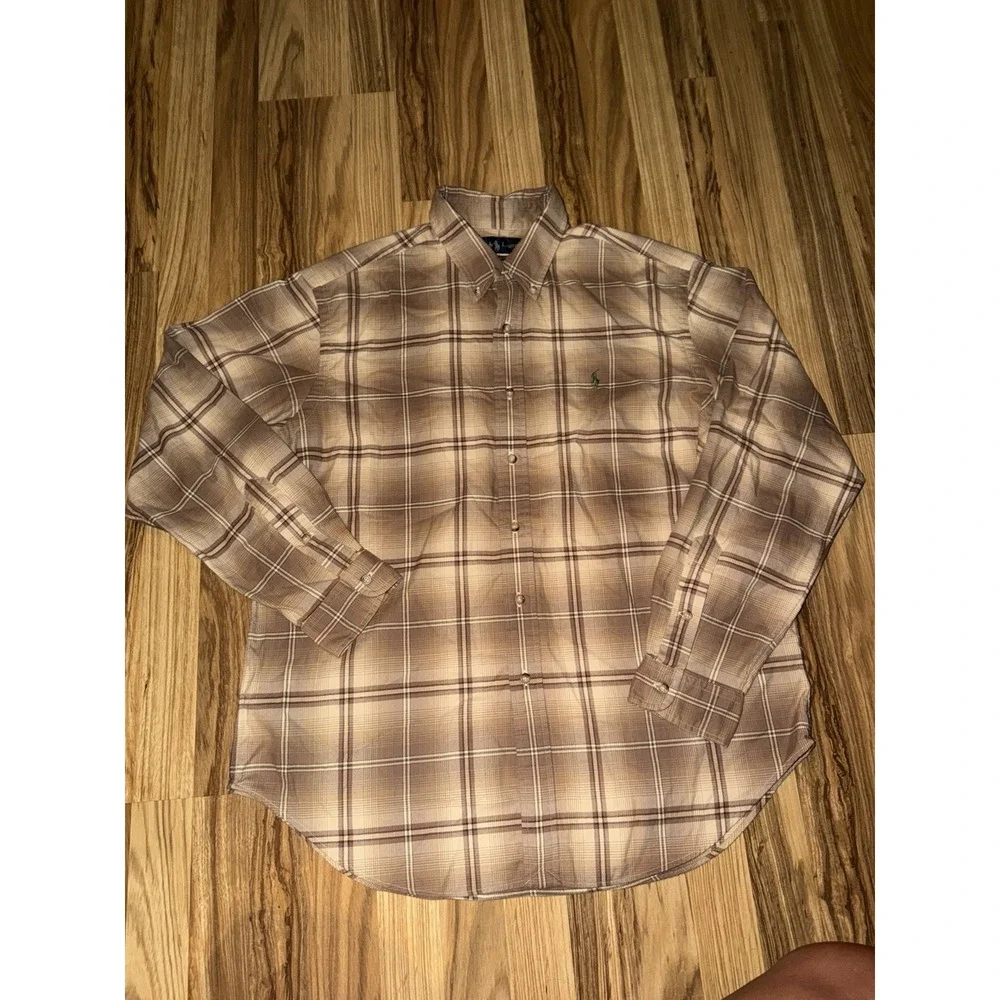 VTG 90s Polo by Ralph Lauren XL Plaid Flannel Shirt Tan Brown Two Pocket Soft